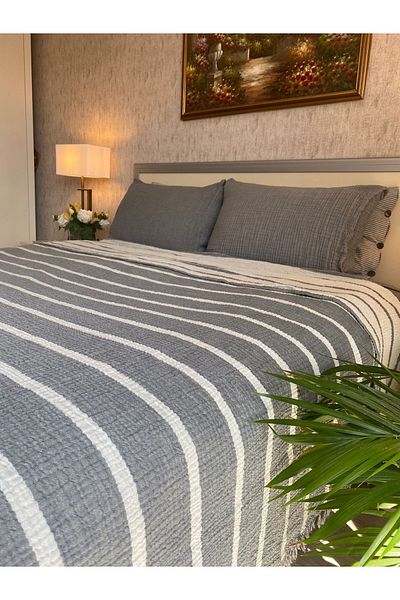 YASEMİNİNEVİ Gray/Anthracite Striped King Size Muslin Bedspread/Pique