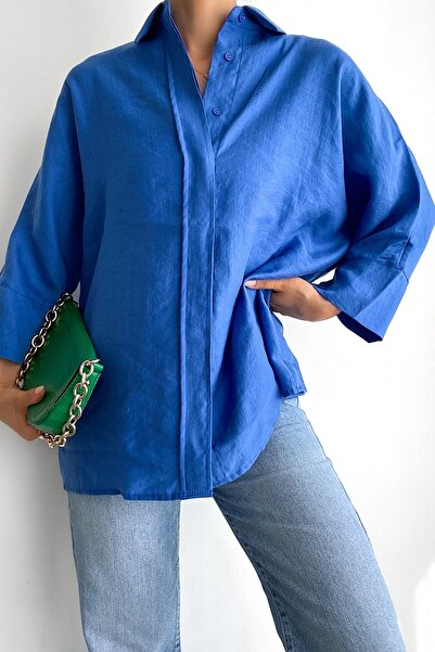 FEMELLE Cămașă cu mânecă liliac cu nasturi ascunse albastre, cu potrivire largă, supradimensionată