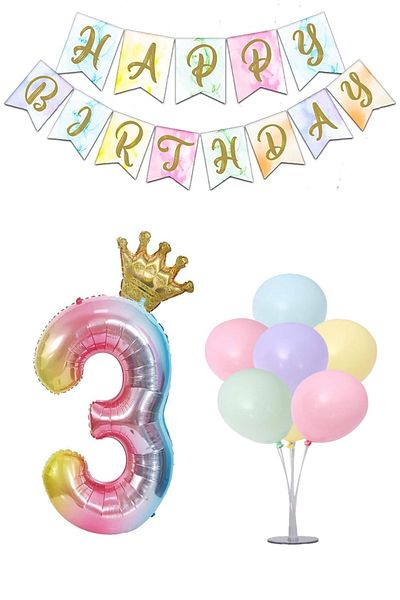 LOTUS PARTY Rainbow Concept 3 Year Old Birthday Set Figure - King Crown Foil Balloon 7-Piece Balloon Stand + Balloon + Text