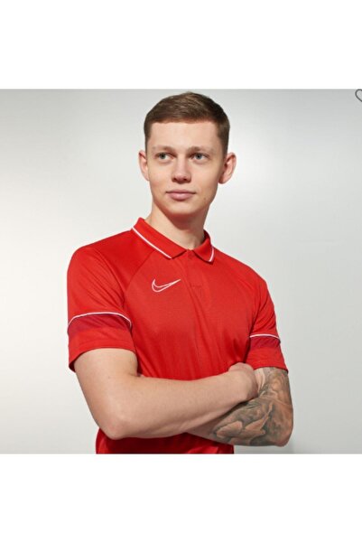 Nike Men's Red Polo Neck Dri-Fit Academy 21 Sports T-Shirt Cw6104-657