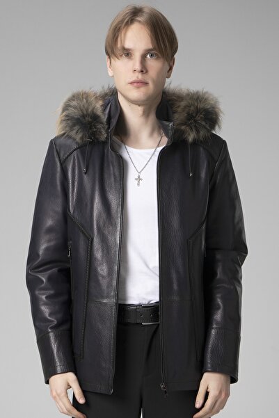 Dericlub E-2218 Kapşonlu Jumbo Gerçek Deri Erkek Kaban