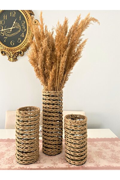 Asenya Hasır Örgü Vazo 3 Lü Set 30 Cm 50 Cm 70 Cm Çiçeklik Yapay Çiçek Vazosu...