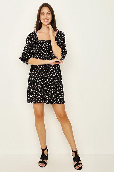 Select Moda Women's Black Floral Patterned Square Collar Gipe Detailed Mini Dress