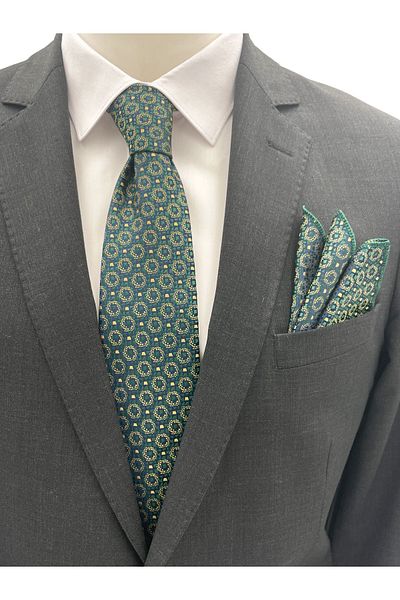 Brianze Green Yellow Patterned Tie Handkerchief Set