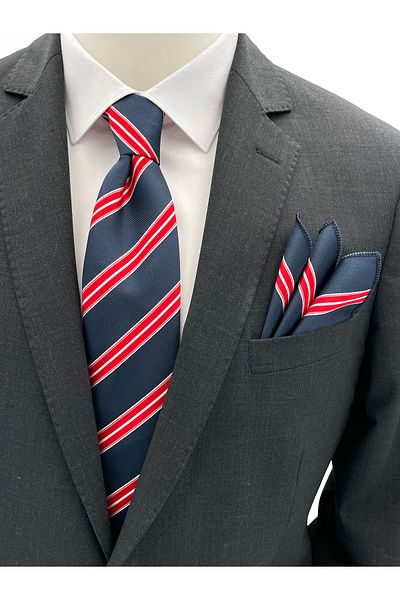 Brianze Navy Blue Red White Striped Tie Handkerchief Set