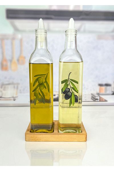 Serin Bardak Square Glass Oil Pot with Double Wooden Base