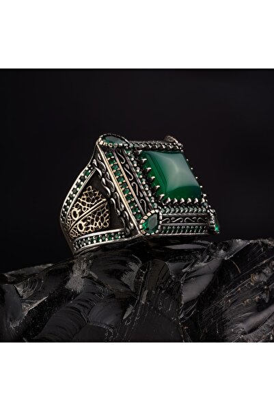 RevSilver 925 Ayar Gümüş Erkek Yüzük Yeşil Akik Taşı Siyah Oniks Kare Şık Takı