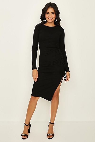 Select Moda Women's Black Crew Neck Slit Bodycone Knitted Dress