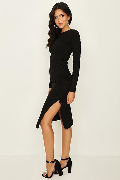 Select Moda Women's Black Crew Neck Slit Bodycone Knitted Dress