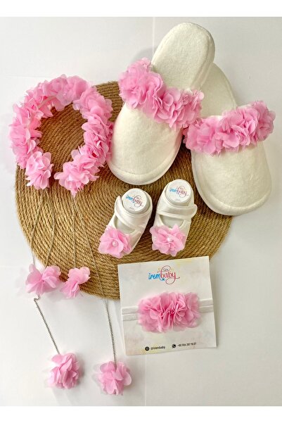 irembaby Anne Bebek Lohusa Seti Pembe Çiçekli Lohusa Tacı Terlik Bebek Ayakka...