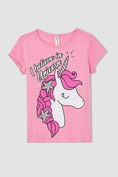 DeFacto Girl's Fit Regular Fit Unicorn Printed Short Sleeve Pajama Set