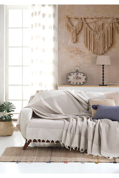 Lux Touch Κάλυμμα καθίσματος Bergama Beige 3 τεμαχίων 180 X 200 εκ. Πολυθρόνα Σάλι Καναπές Κάλυμμα πολυθρόνας Βαμβακερό