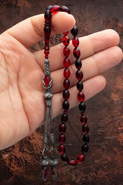 OTTOTESBİH Barley Cut Red Fire Amber Rosary with Silver Kazaz Tassels