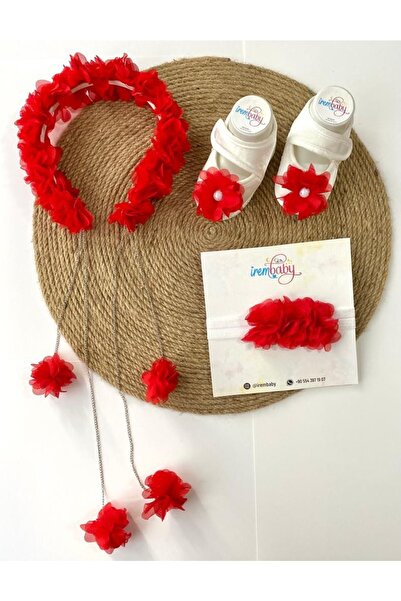 irembaby Anne Bebek Lohusa Seti Kırmızı Çiçekli Lohusa Tacı Bebek Ayakkabısı ...