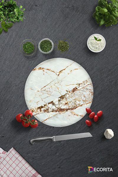 Decorita White Marble Look with Gold Detail |   Glass Cutting Board - Glass Cutting Board |   Diameter 32cm