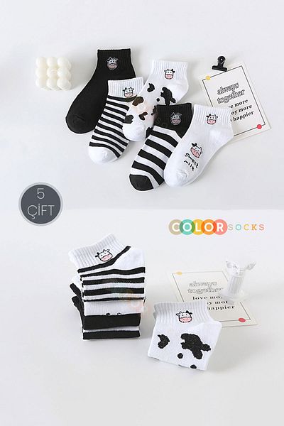 Color Socks 5 чифта сладки дамски чорапи с шарка на крава, дълги до крак