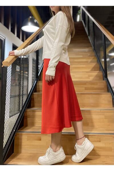 bymaestro woman Kadın Midi Boy Saten Etek Kırmızı