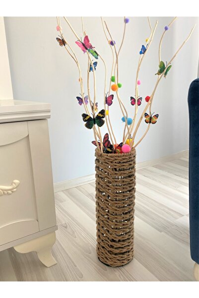 Asenya Hasır Örgü Vazo 50 Cm Yapay Çiçek Vazosu Çiçeklik Dekoratif Saksı Deko...