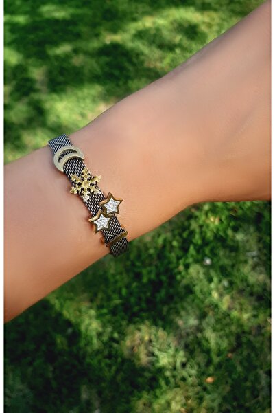 Idarosa Concept Ay-kar Tanesi-yıldız Detaylı Hasır Örgü Cerrahi Çelik Bilekli...