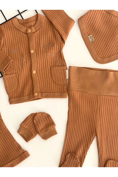 Necix's Our Cheerful Babies Organic Fabric Embroidered 5 Piece Hospital Discharge Set Brown