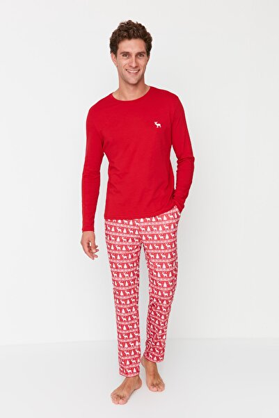 Trendyol Collection Piros nyomott normál szabású kötött pizsama szett TMNAW23PT00022