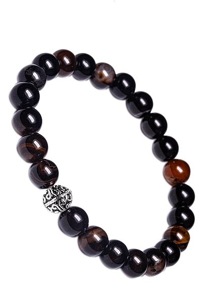 Tesbih Atölyesi Natural Black Agate Stone Bracelet with Silver Device