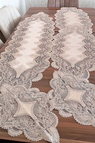 Çt Çeyizci Tekstil Set de lounge cu dantelă colorată Cappuccino, 5 bucăți - Set de cârpă de masă