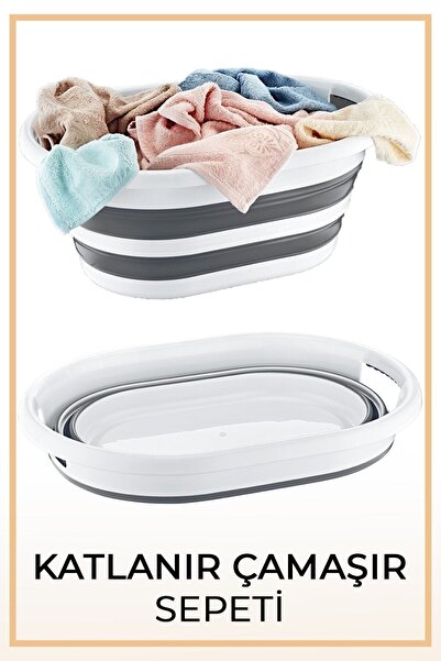 Sepetkitchen Gri Katlanabilir Silikon Çamaşır Sepeti
