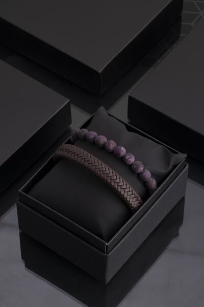 Sortie Aksesuar Hakiki Deri Ve Doğal Taş Erkek Kombin Bileklik Seti 035