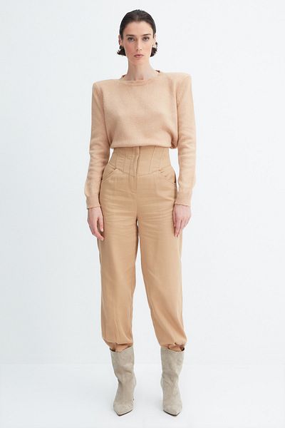 Trendyol Collection X Zeynep Tosun Бежеві корсетні деталізовані брюки TPRAW23PL00028