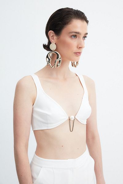 Trendyol Collection X Zeynep Tosun Ecru İnci Detailní příslušenství Tied Bustier TPRAW23BS00064