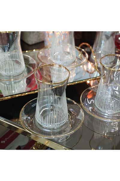 Paşabahçe Lava Eiffel Patterned Gold Gilded 12 Piece Tea Cup Set Dowry Holder