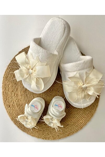 irembaby Anne Bebek Lohusa Seti Krem Tüylü Fiyonklu Terlik Ve Bebek Ayakkabıs...
