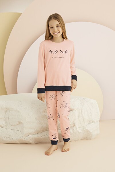 ZEYZEY 8440 Пудра Кольоровий Дівчачий Піжамний Комплект з Принтом