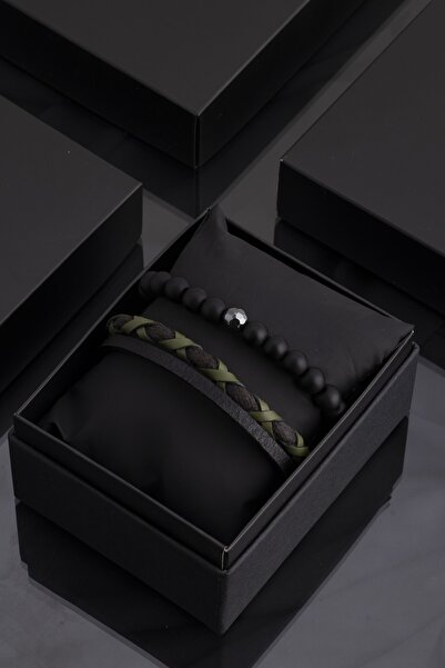 Sortie Aksesuar مجموعة أساور من الجلد الطبيعي والهيماتيت الطبيعي للرجال 025