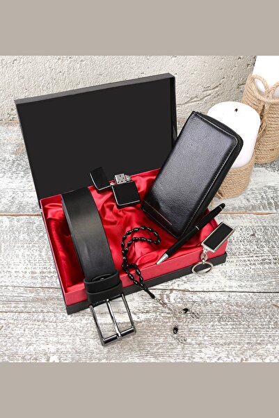High Class Deri Erkeklere Özel Telefonluklu Gerçek Deri Cüzdan & Deri Kemer & Metal Çakmak & Tesbih Hediye Seti