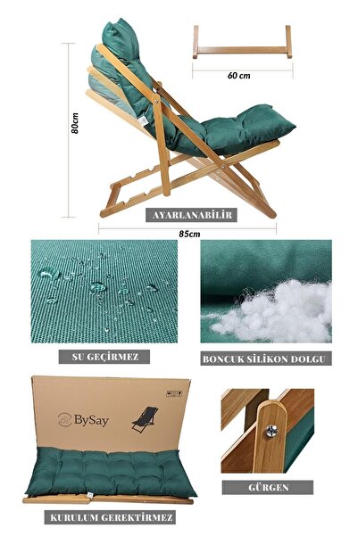 Bysay Ahşap Katlanır Taşınır Puf Minderli Şezlong. Plaj Bahçe Teras Balkon Için 3 Lü Set-krem