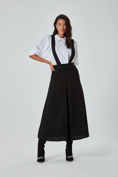 Mizalle Tweed Textured Strap Gilet Black Dress