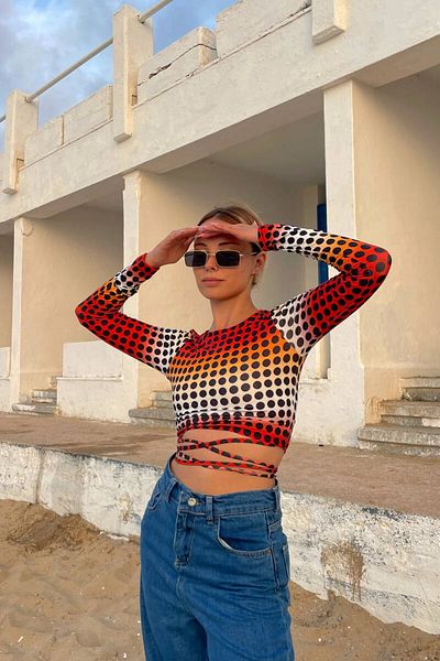 Jose Clothing Crop Top μπλούζα με ελαστικό ύφασμα - μακρυμάνικο και λεπτομέρεια με σχοινί στη μέση