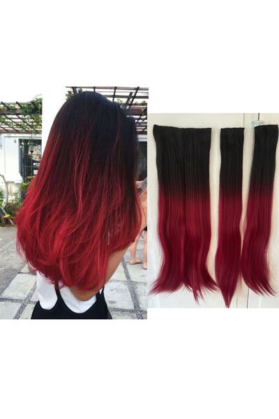 8 Kadına Dair Herşey Siyah Kızıl Düz Uzun Yarım Ay Saç – 3 Parça Çıt Çıt 80cm...