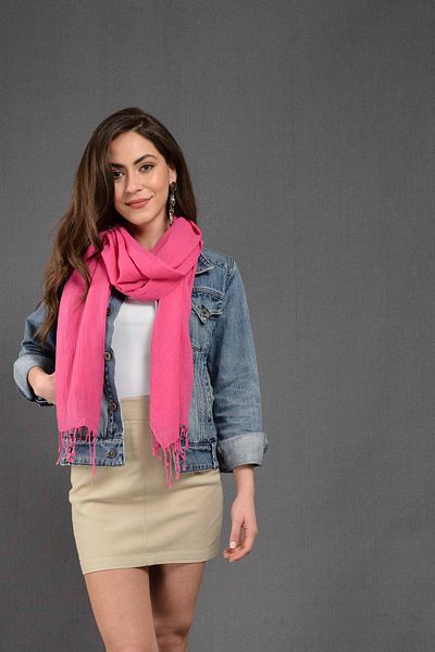 Dosimira Pink Solid Color Fringed Cotton Large Shawl