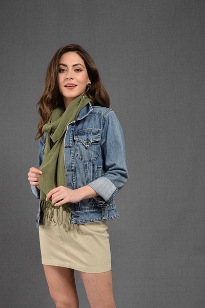 Dosimira Women's Khaki Green Solid Color Fringed Cotton Large Shawl