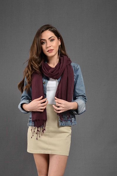 Dosimira Women's Plum Solid Color Fringed Cotton Large Shawl