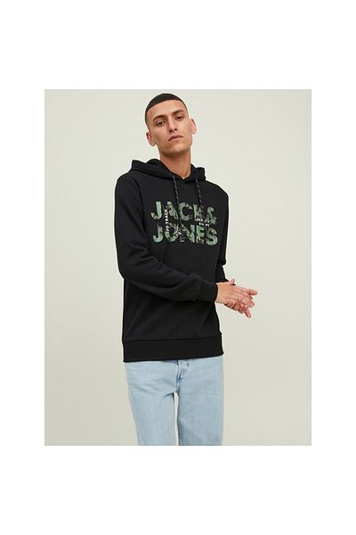 Jack & Jones Men's Sweatshirt - Jcotech Logo, Hood, Black, 12216242