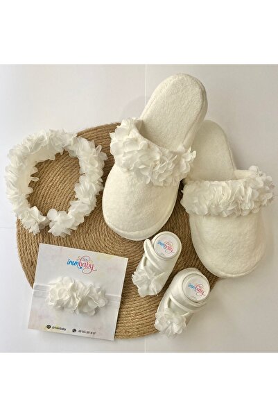irembaby Anne Bebek Lohusa Seti Beyaz Çiçekli Lohusa Tacı Terlik Bebek Ayakka...