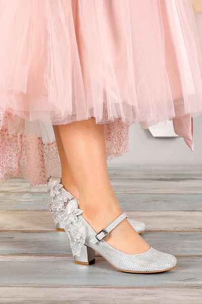 Potincim Pantofi de balerina Kiko 754 pentru fete - 4 cm cu toc argintiu