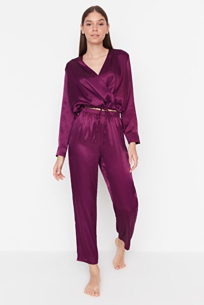 Trendyol Collection Satin Woven - Purple Double Breasted Collar and Tie Detailed Pajamas Set Thmaw23pt00034