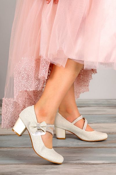 KARAMAZI Pantofi de balerina cu toc de 4 cm pentru fete - Kiko 750 Silvery Daily Mother of Pearl
