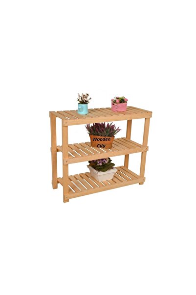 Wooden City Naturel Saksı Standı Dekoratif Raf 3 Katlı Çiçeklik Ahşap Stand S...