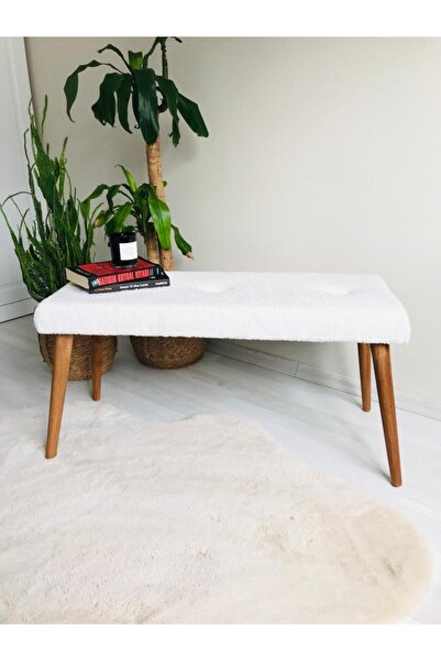 WEBPANYA Ahşap Ayaklı Handmade Geniş Oturum Alanlı Beyaz Tedy Kumaş Pofidik P...